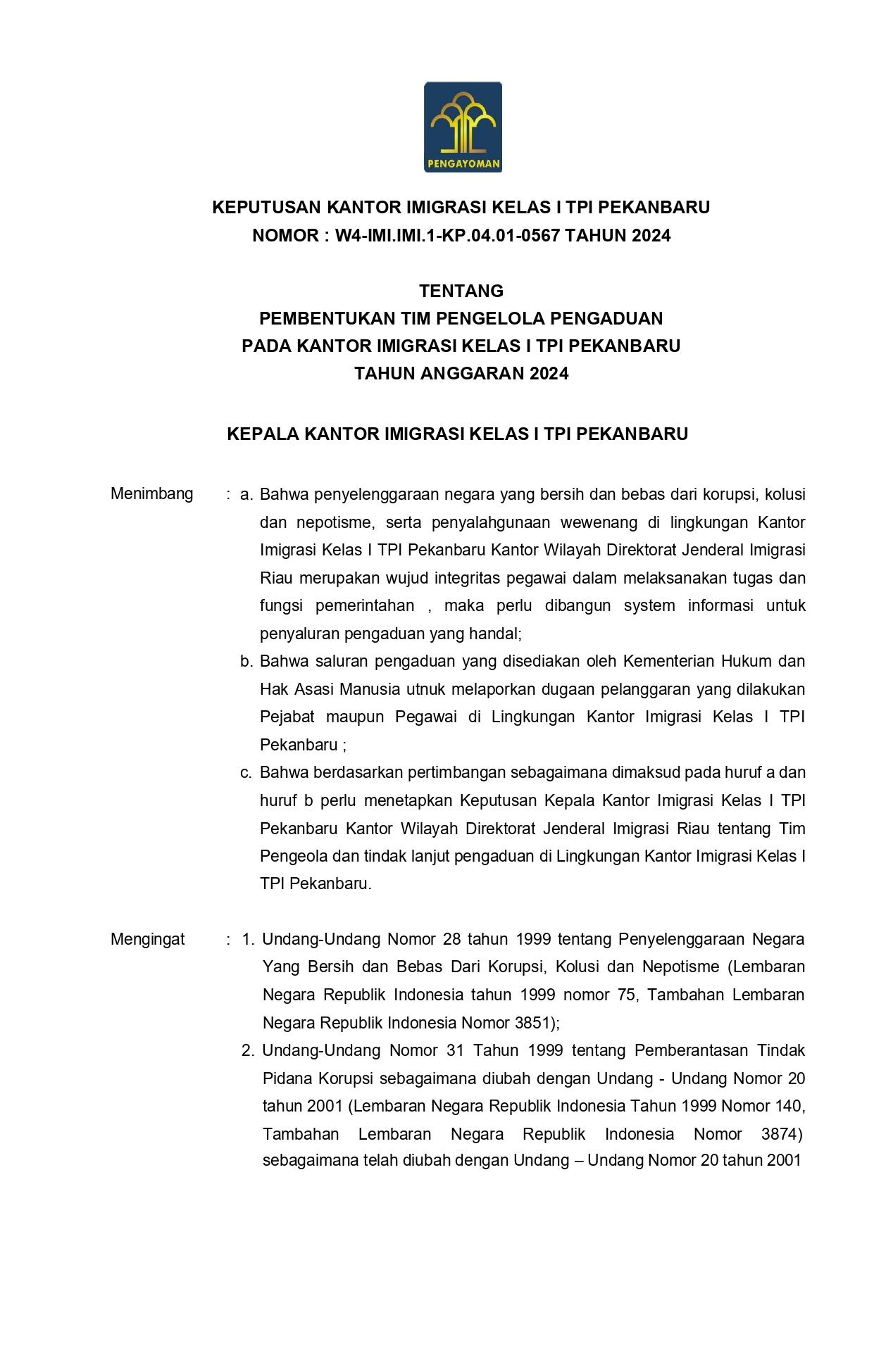 Kantor Imigrasi Pekanbaru Tetapkan SK Pengelolaan Pengaduan untuk Tingkatkan Layanan Publik